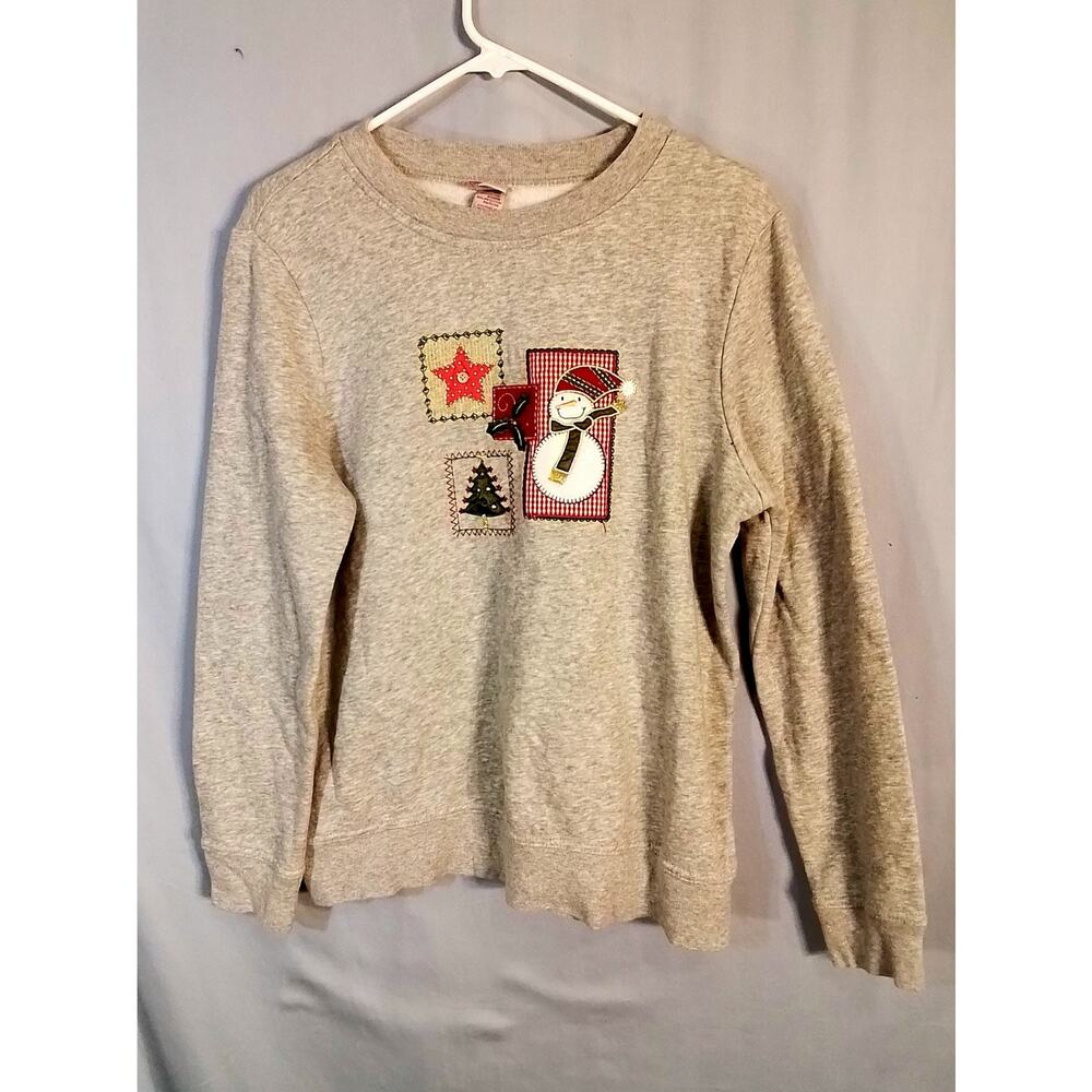 Holiday Editions;  Gray pullover sweatshirt with patches and embroidery